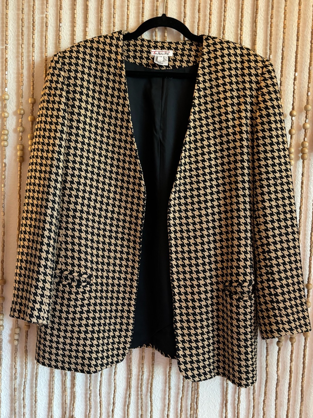 Talbots 100% Silk Black Brown Houndstooth Long Sleeve Blazer Open Front Blazer